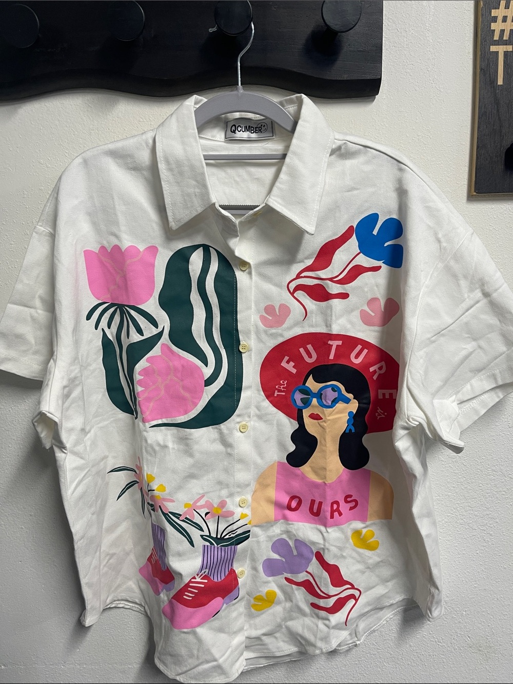 White Graphic Button-Up Shirt with Pink & Green Illustration by